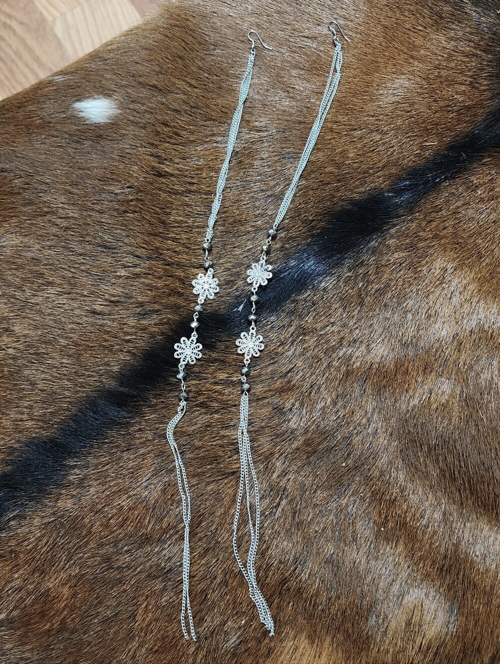 Silver Floral Extra Extra Long Dangle Earrings - Women Jewelry